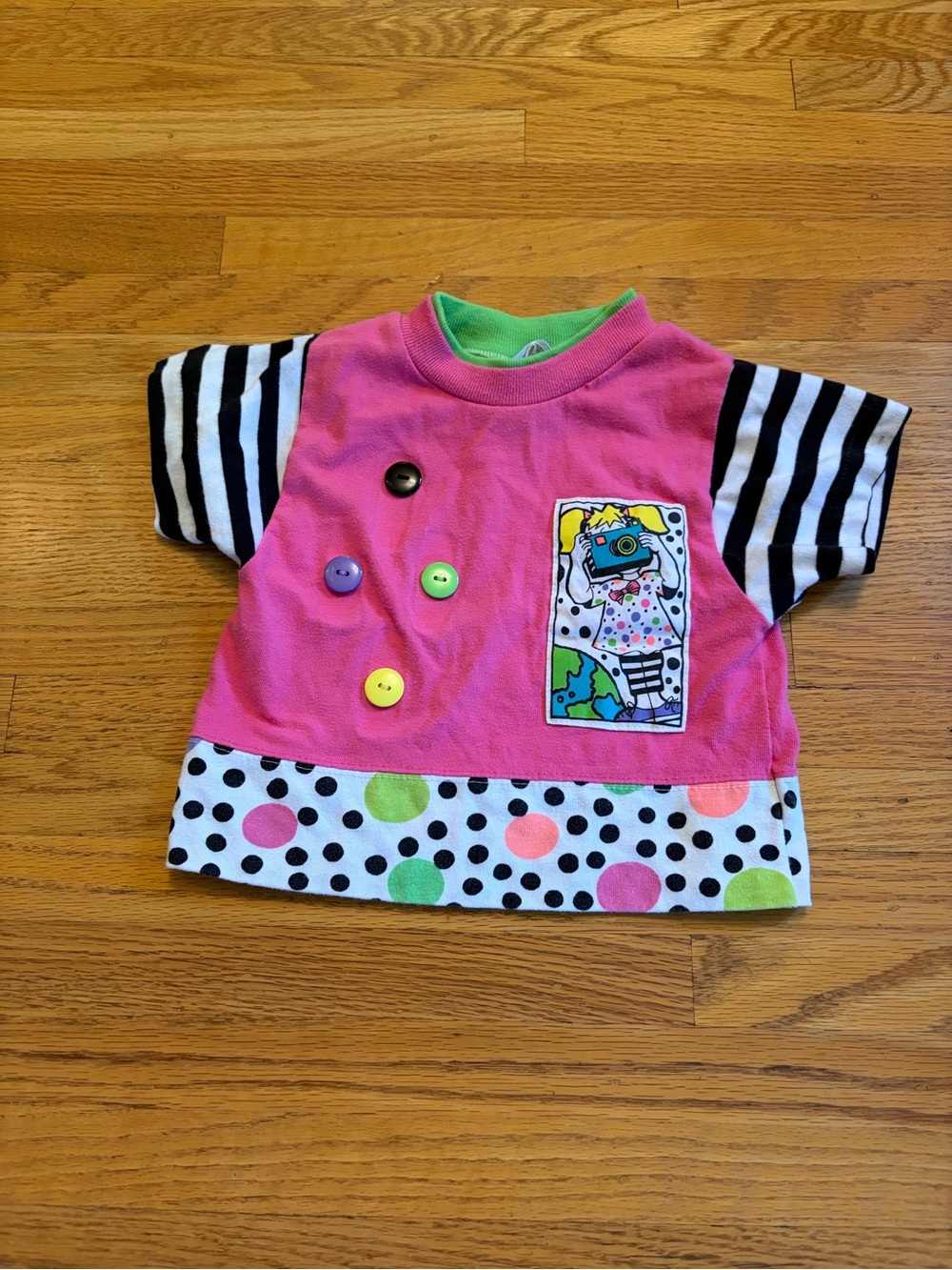 Vintage Kids Pink Polka Dot Button Front Tee with Stripe Sleeves